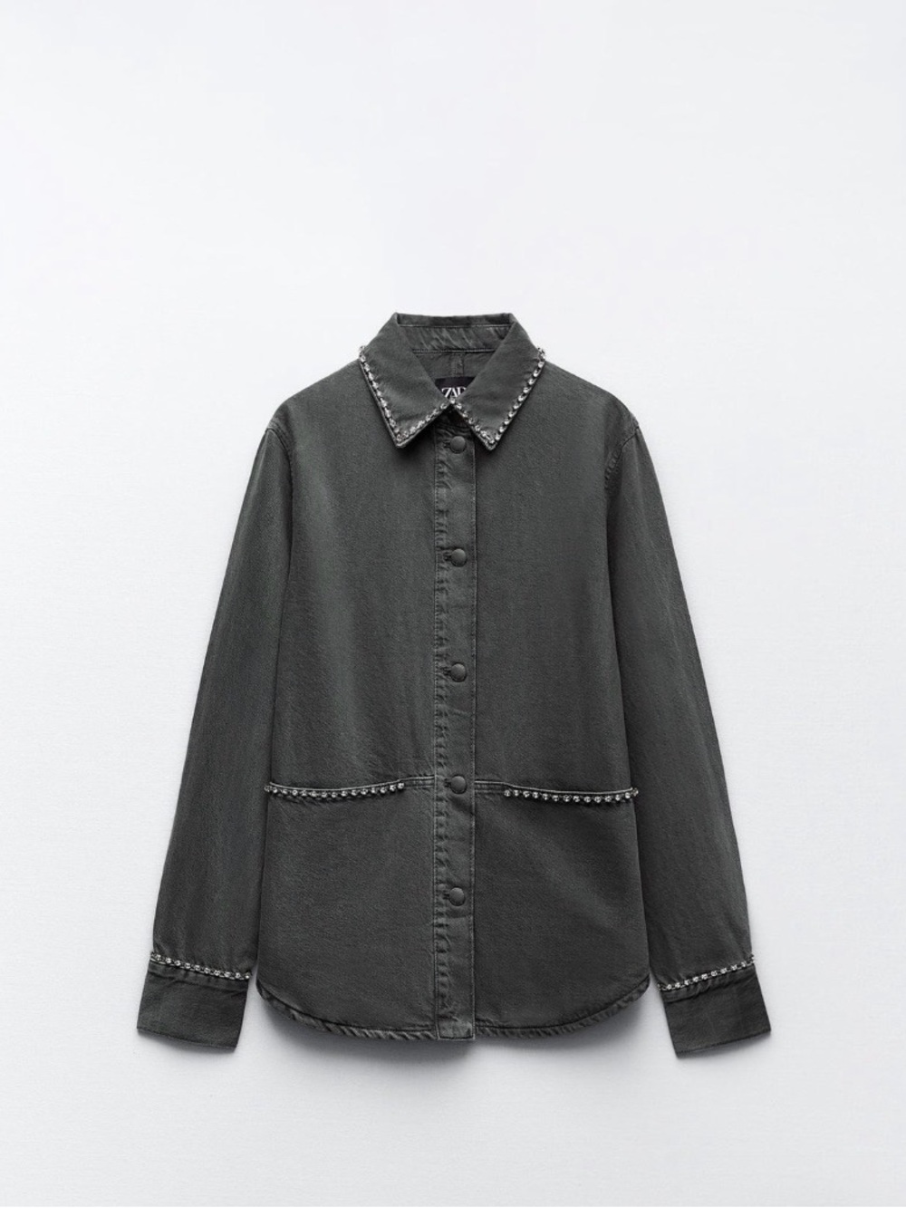 ✨ Zara Rhinestone Trim Denim Button-Up Shirt ✨
